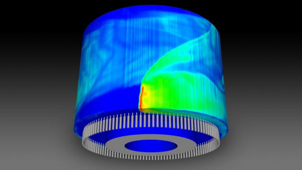 This three-dimensional numerical simulation captures complex combustion dynamics in a realistic non-premixed rotating detonation engine configuration.