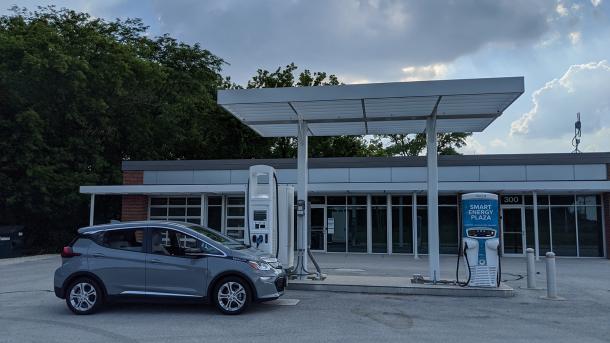 A Chevrolet Bolt undergoes testing at Argonne’s Smart Energy Plaza, capturing impacts of direct current fast charging on the electric grid. (Image by Kevin Stutenberg / Argonne National Laboratory.)