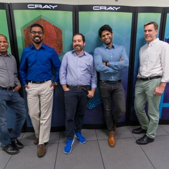 This team took steps in physics, computer science and materials science in order to design and test a new computer chip that can perform and adapt well on a minuscule amount of power. From left to right: Anil Mane, Prasanna Balaprakash, Angel Yanguas-Gil, Sandeep Madireddy and Jeff Elam.