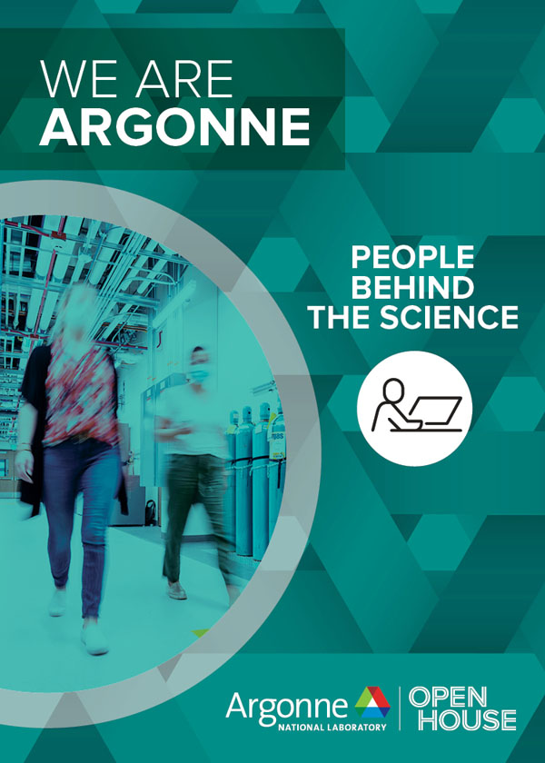 We Are Argonne teal educational card with graphics and image of man and woman walking in a laboratory